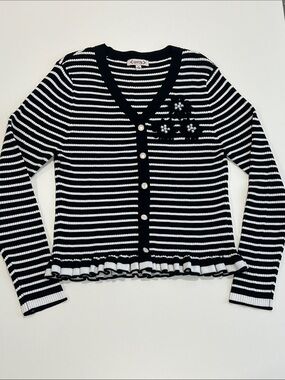 NANETTE LEPORE Faux Cardigan XL V-Neck Knit Top Black White Striped Vintage Look